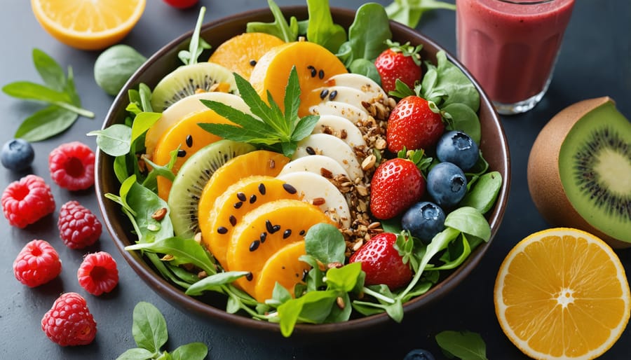 A colorful and enticing setup of THCA-infused salad and smoothie bowl, adorned with fresh fruits and greens, alongside THCA oil, conveying the blend of health, wellness, and culinary creativity.