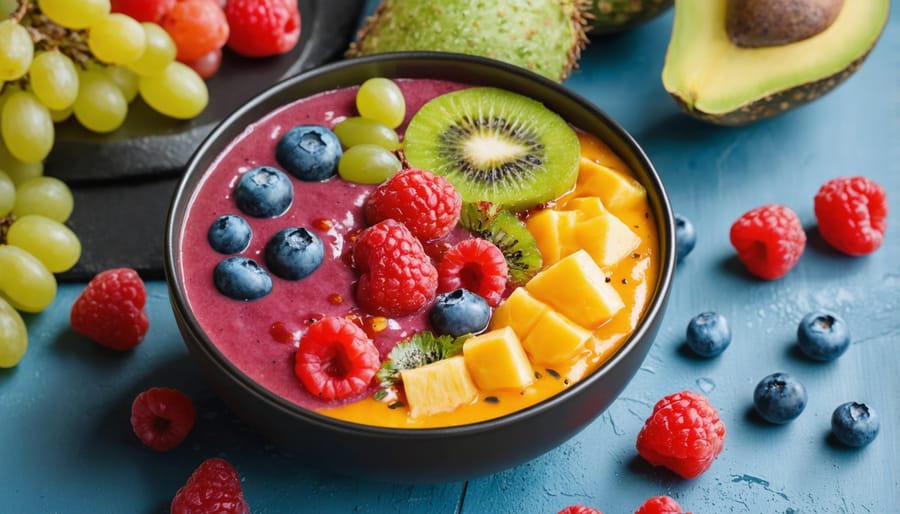 A vibrant smoothie bowl infused with THCA, topped with fresh fruits and seeds