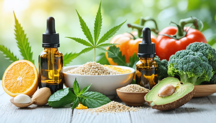 Different THCA products such as oils and topicals displayed with fresh vegetables and grains